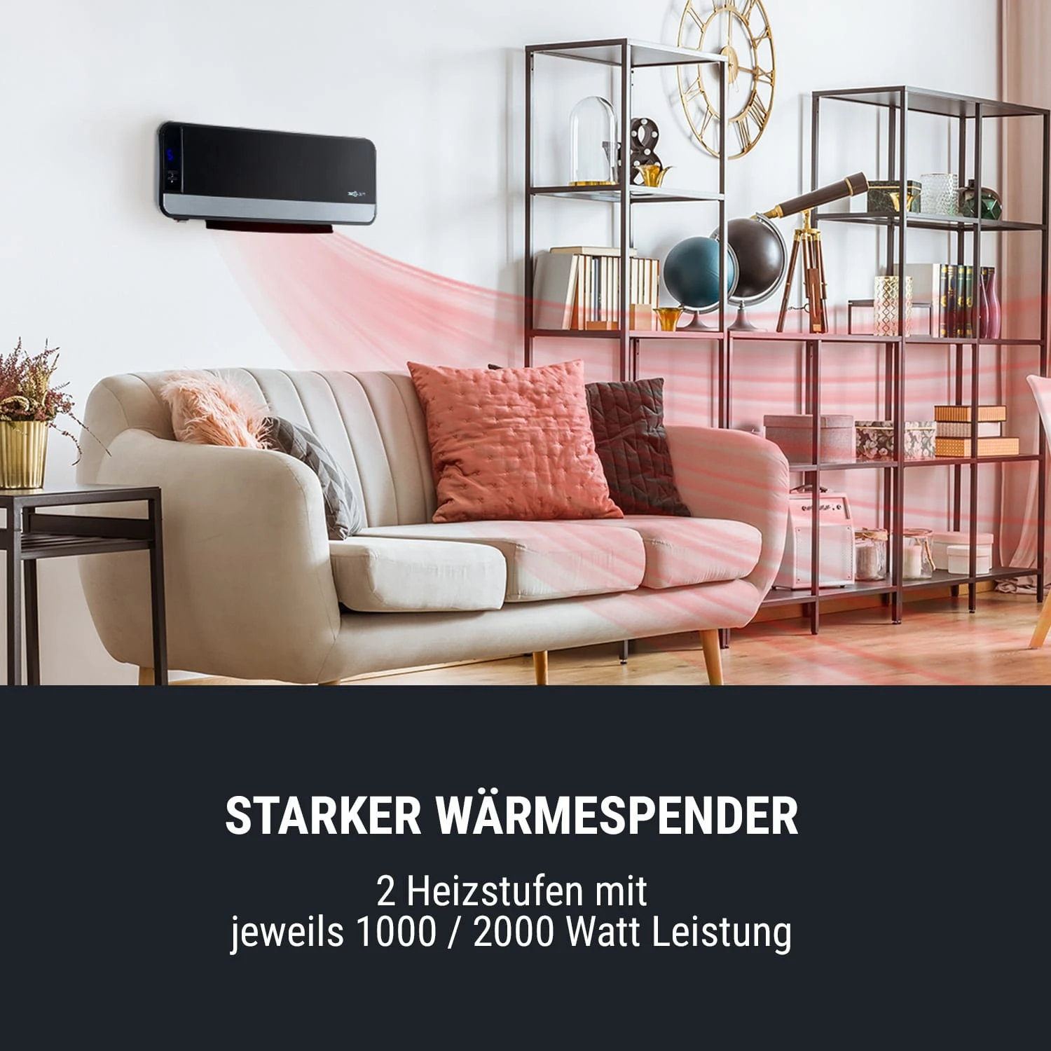 Wallkyrie Wandheizgerät 1000W/2000W 10 - 49 °C Thermostat Schwarz – Bild 2