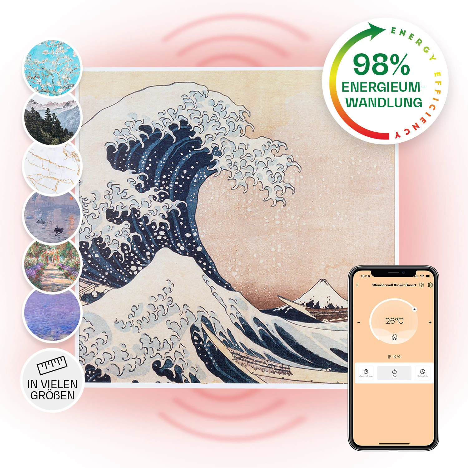 Wonderwall Air Art Smart Infrarotheizung 60x60cm 350W Wandinstallation App-Steuerung Wellen